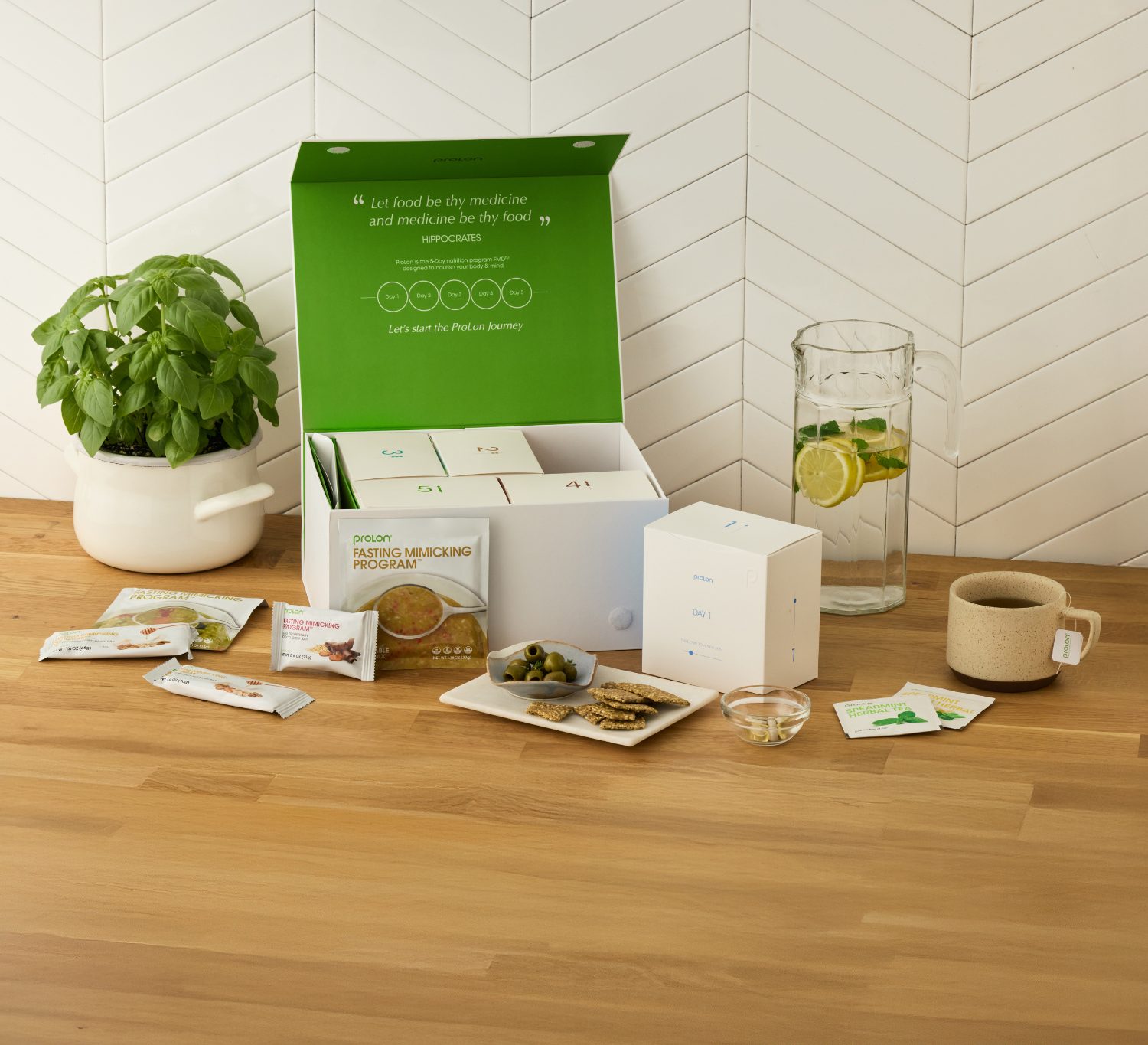 The ProLon 5-Day Fasting Mimicking Program kit laid out on a kitchen counter